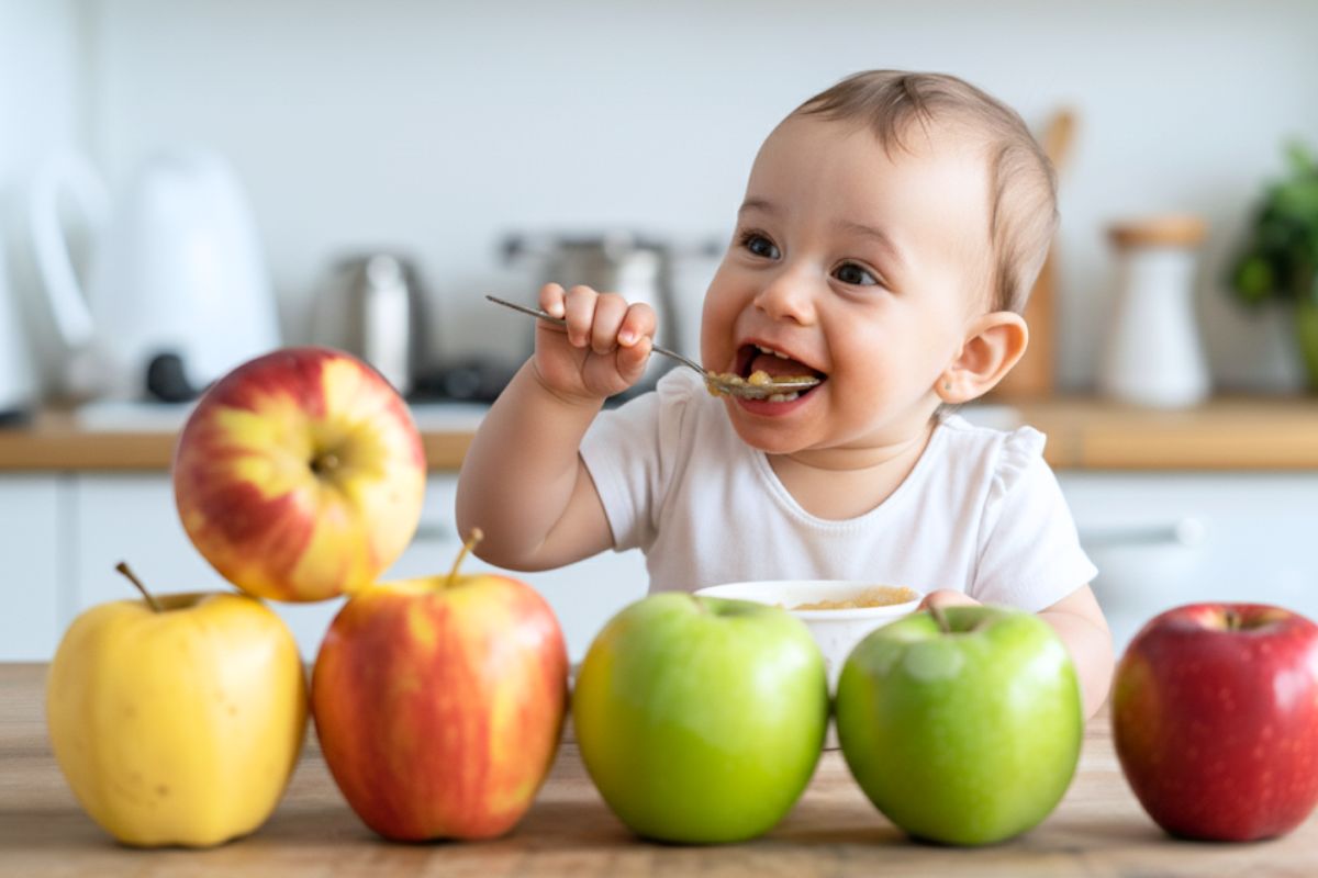bebe souriant mange compote pomme maison