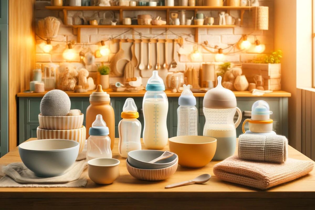 Un assortiment chaleureux de vaisselle bébé sur un comptoir de cuisine lumineux.