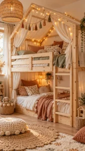 lit-cabane-superpose-boheme Le Lit Cabane Bohème aux Voilages ☁️ dans une chambre d’enfant