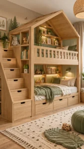lit-cabane-superpose-rangements Le Lit Cabane avec Escalier et Rangements 🧺 dans une chambre d’enfant