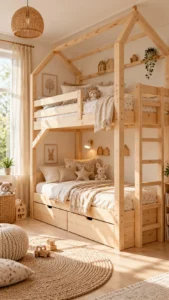 lit-cabane-superpose-scandinave Le Lit Cabane Naturel avec Tiroirs 🌿 dans une chambre d’enfant