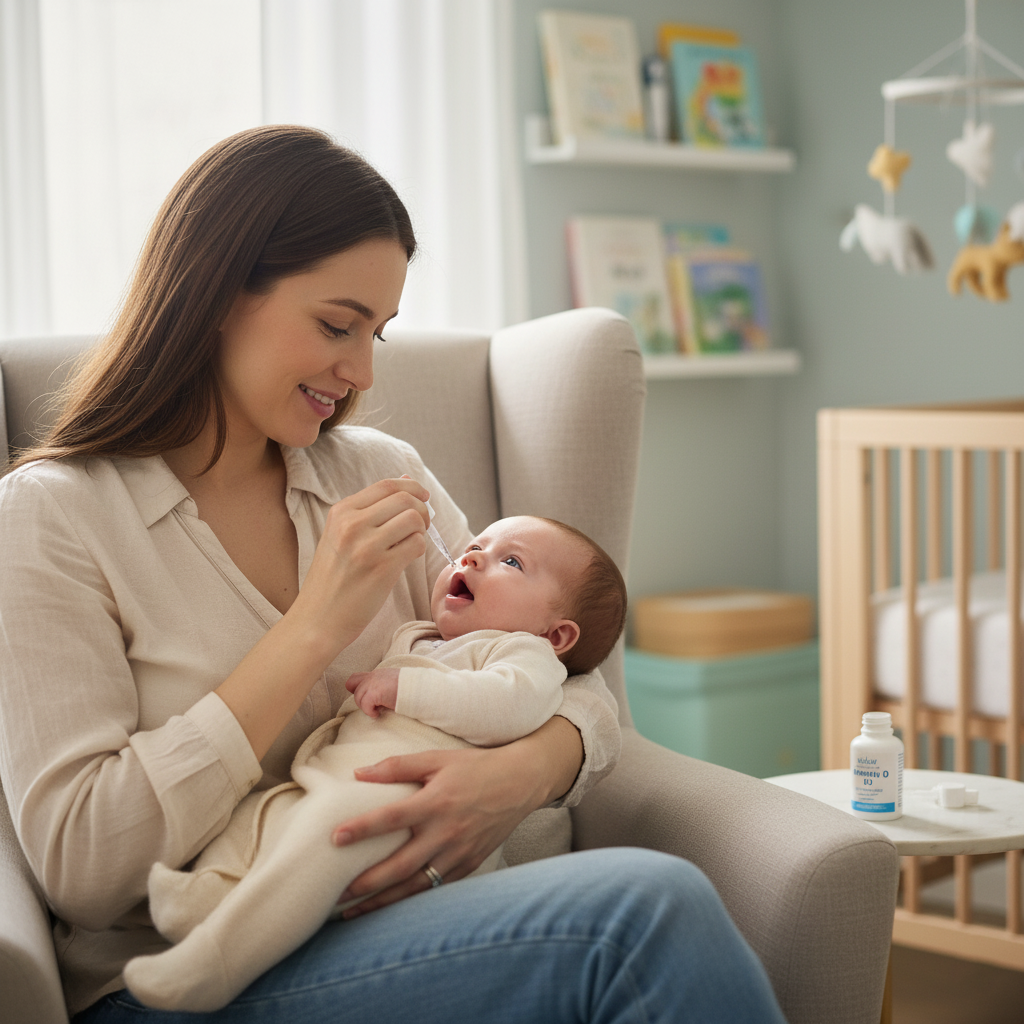 Maman donnant la vitamine D à son bébé