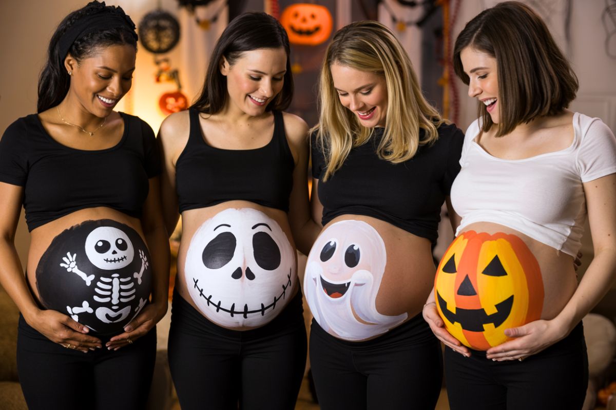 Quatre femmes enceintes souriantes montrant leurs ventres peints avec des motifs Halloween