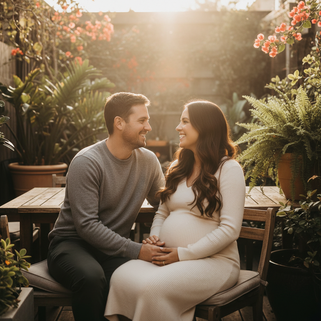 Couple heureux partageant un moment complice pendant la grossesse