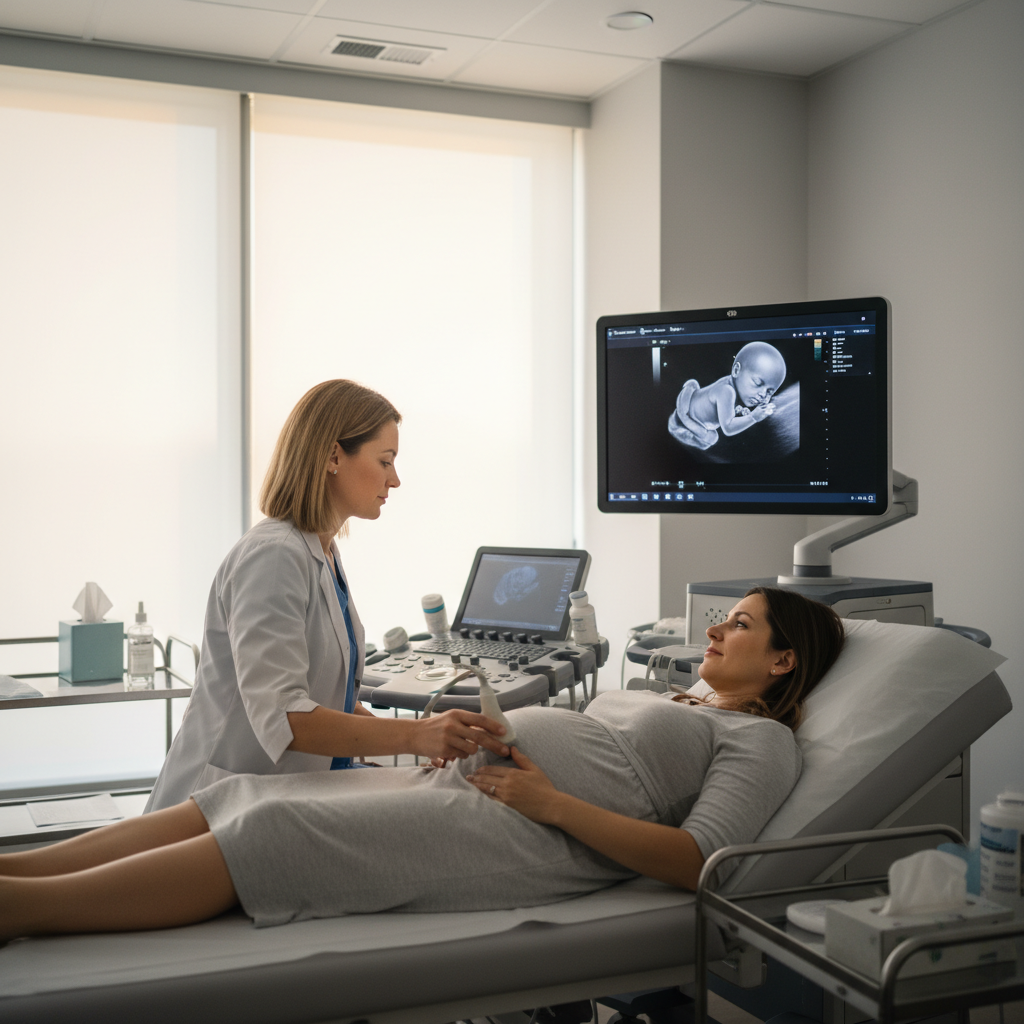 Échographiste réalisant une échographie du premier trimestre à une femme enceinte