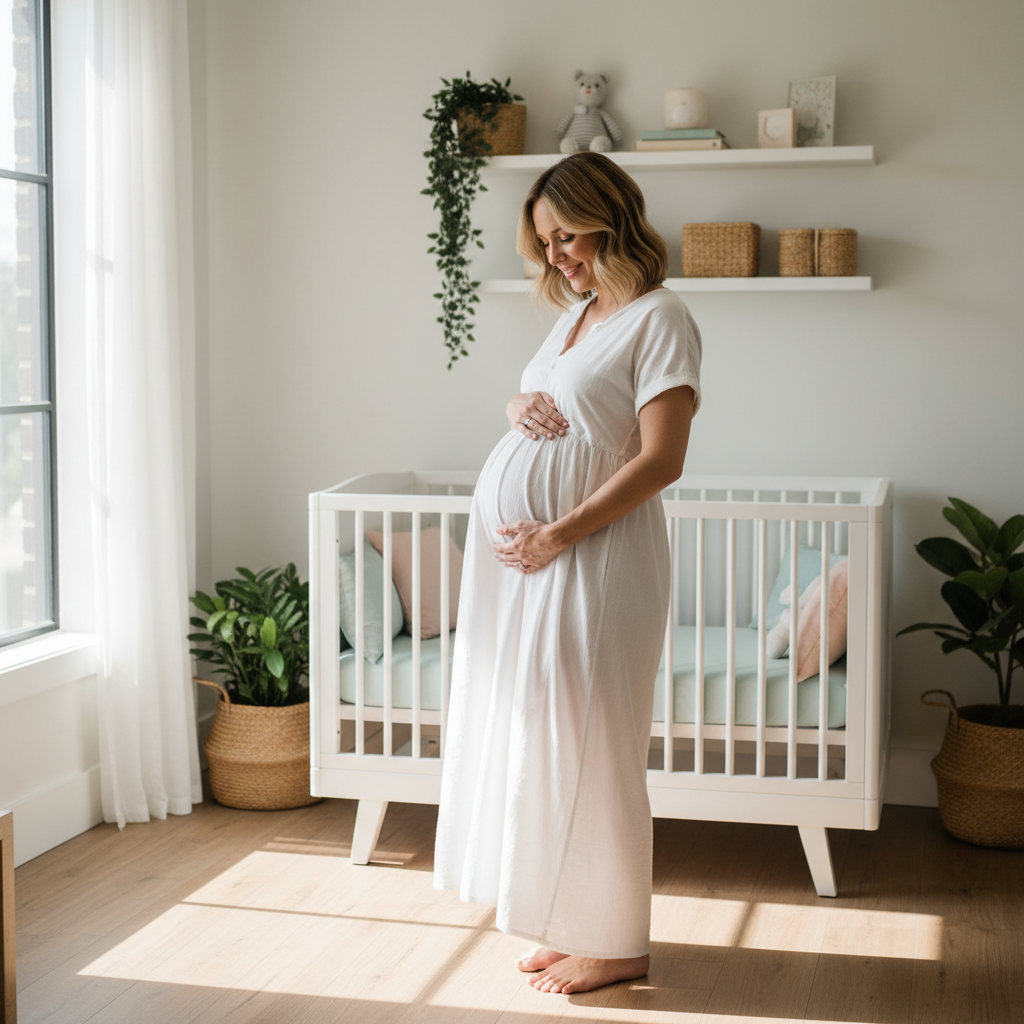 Femme enceinte dans une chambre de bébé tenant son ventre avec tendresse