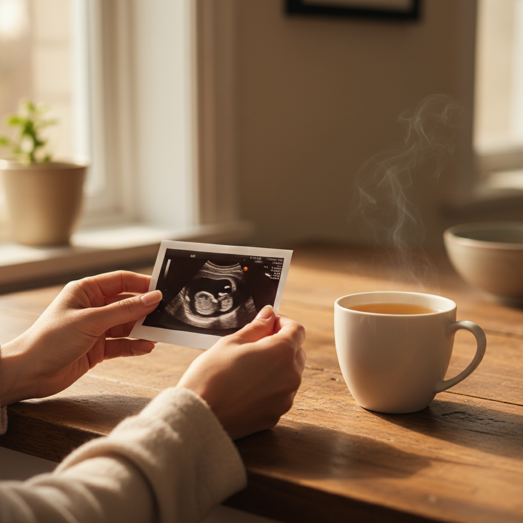 Mains de femme enceinte tenant une image d'échographie de 12 semaines