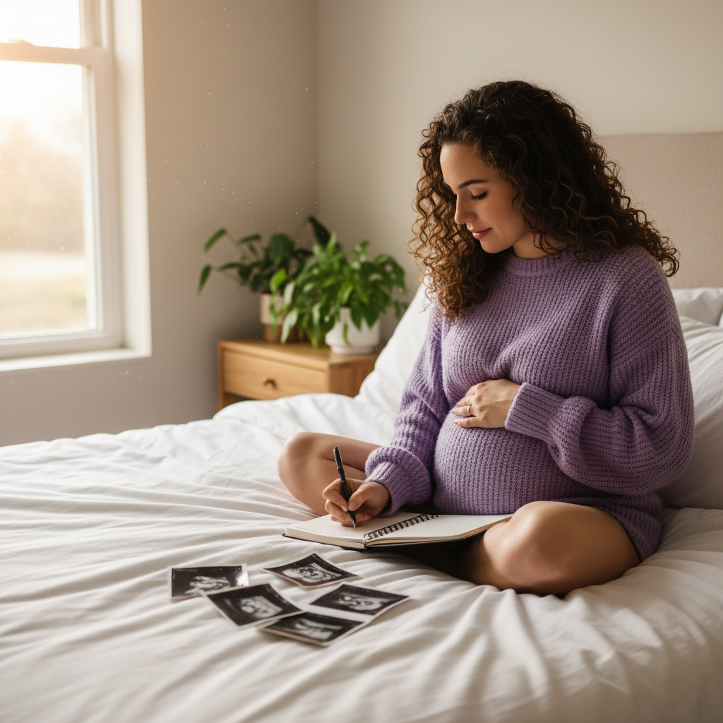 Femme enceinte écrivant dans son journal de grossesse avec photos d'échographie