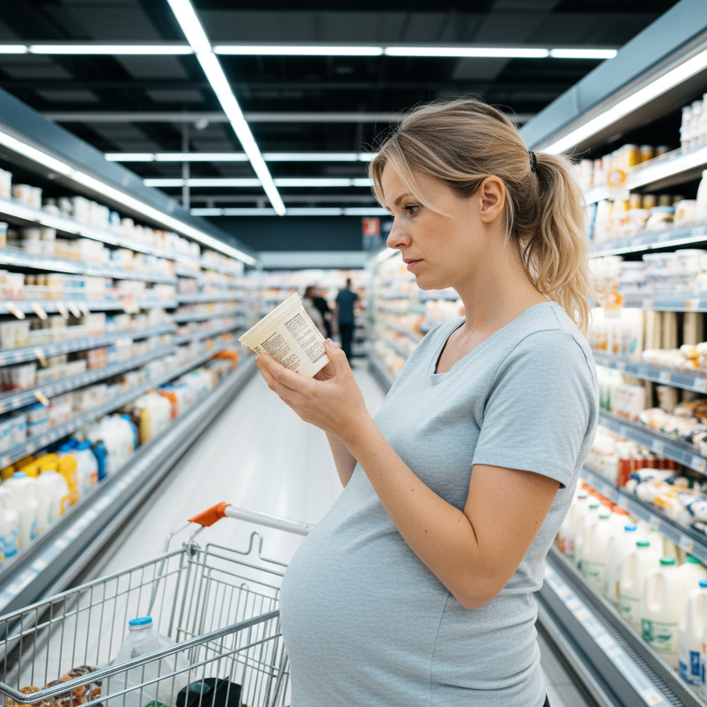 Femme enceinte vérifiant l'étiquette d'un produit laitier au supermarché pour sa sécurité