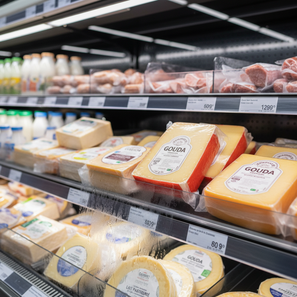 Rayon fromages de supermarché montrant différents types de gouda avec étiquettes de pasteurisation visibles