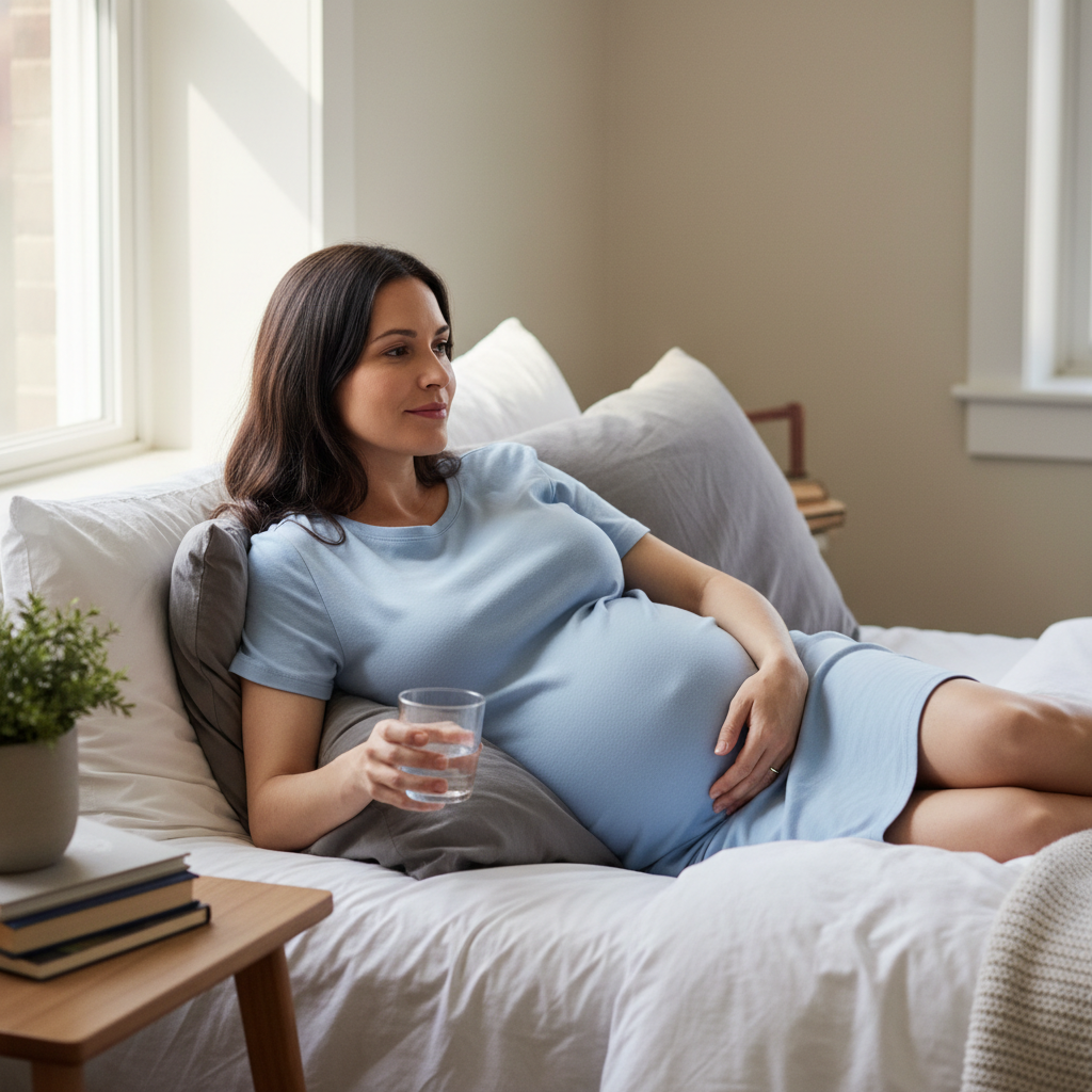 Femme enceinte se reposant au lit pendant le traitement de la scarlatine avec hydratation