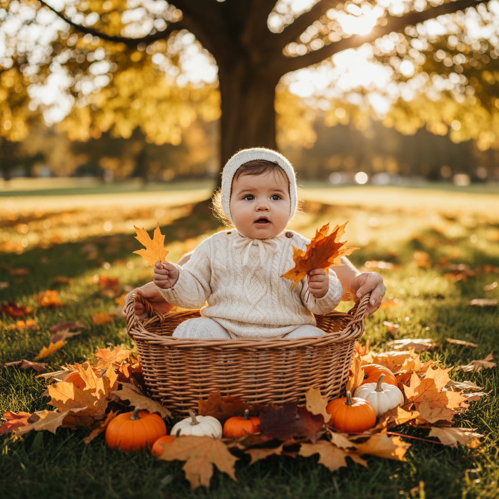 Bébé de huit mois dans un panier entouré de feuilles d'automne lors d'une séance photo thématique en extérieur