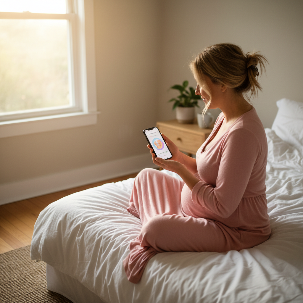 Femme enceinte consultant le développement de son bébé sur une application mobile