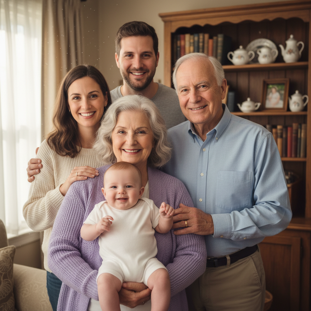 Photo générationnelle avec grands-parents, parents et bébé réunis pour immortaliser les liens familiaux