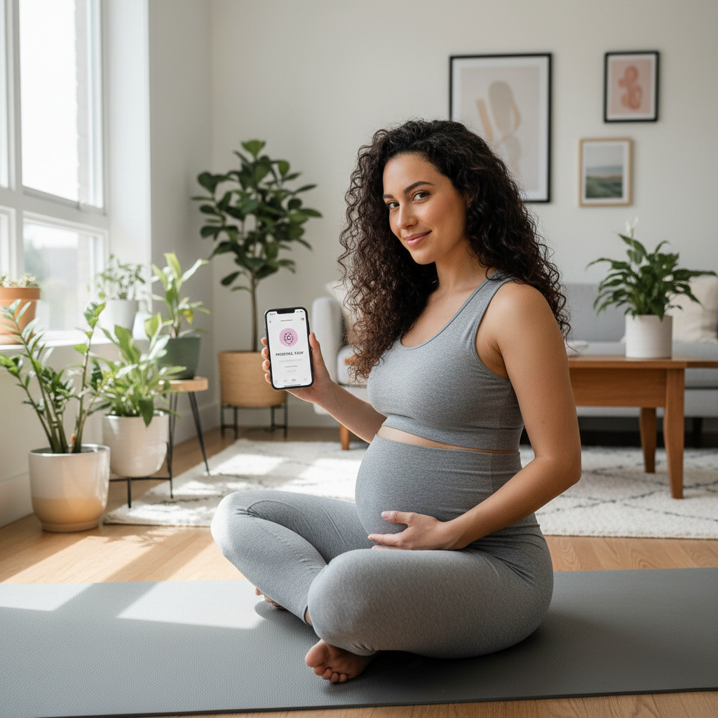 Future maman utilisant une application de yoga prénatal pendant sa séance de sport