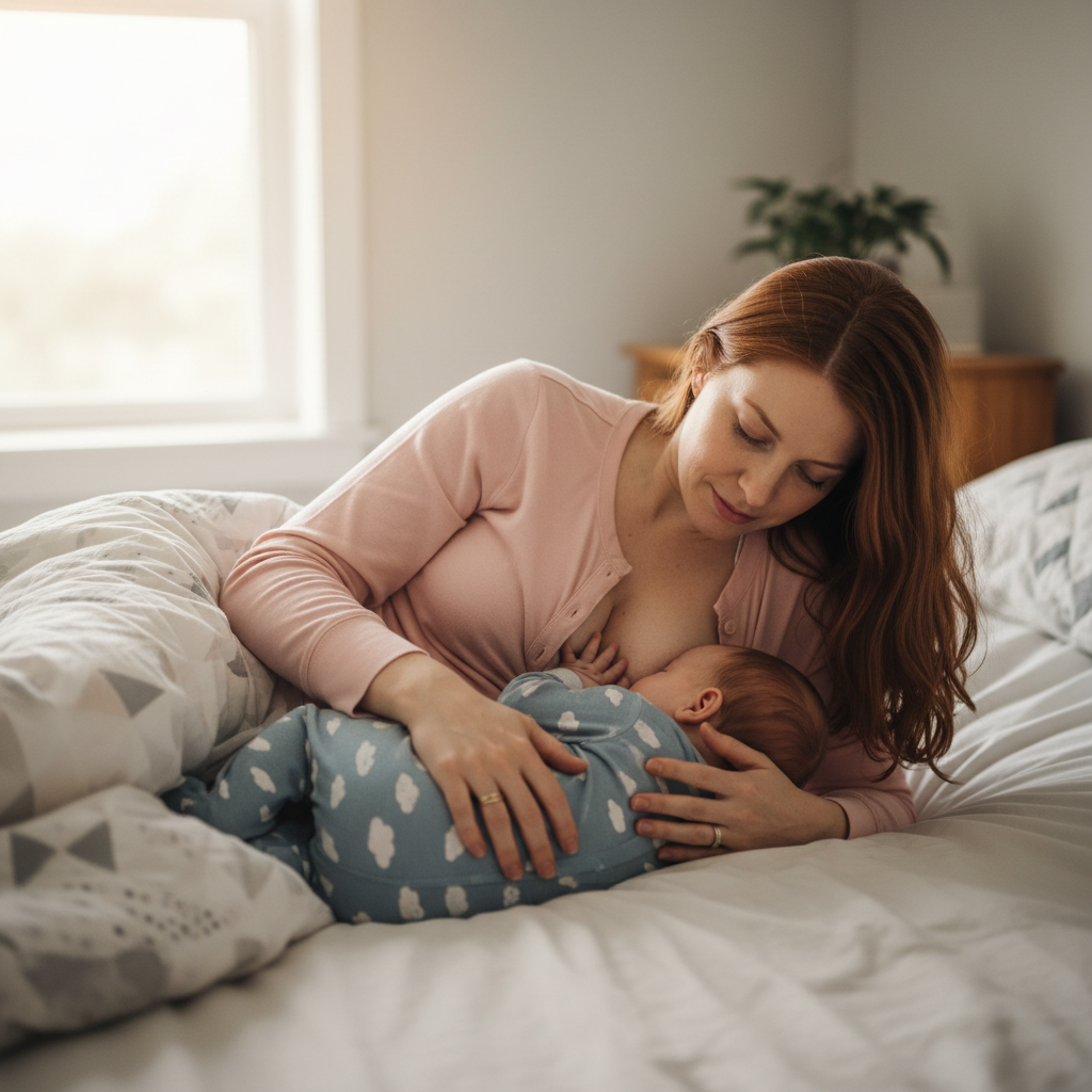 Mère et bébé allongés sur le côté pour une tétée nocturne confortable