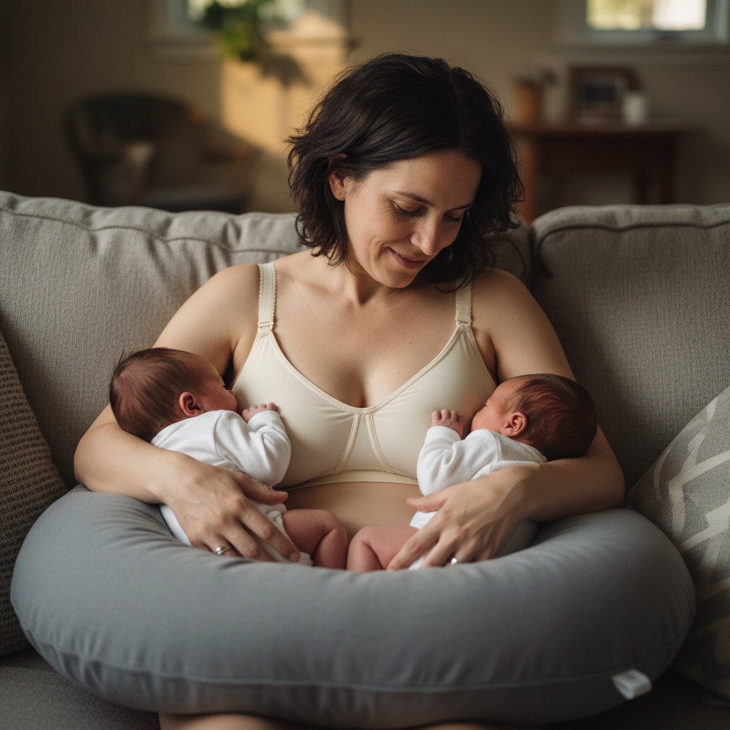 Mère allaitant ses deux bébés jumeaux simultanément en double ballon rugby