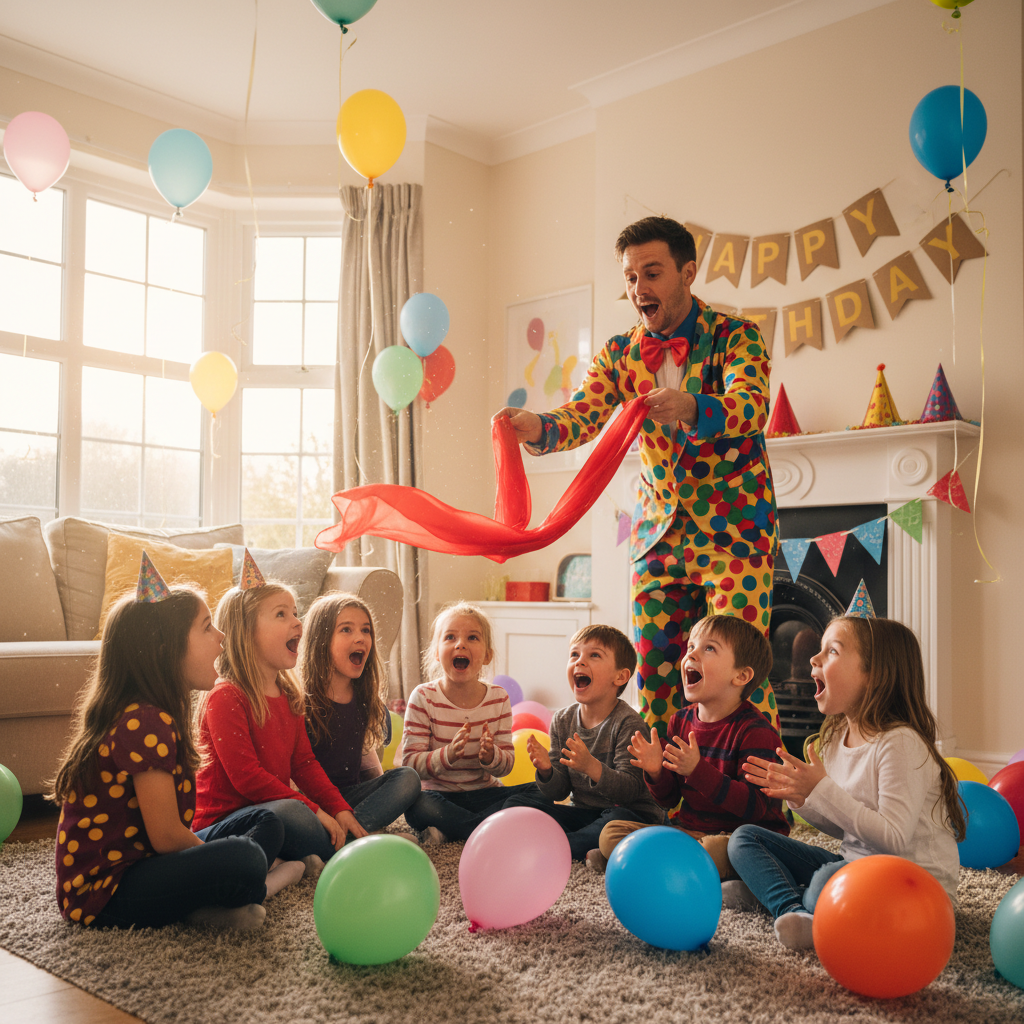Animateur professionnel réalisant un tour de magie devant des enfants émerveillés en fête