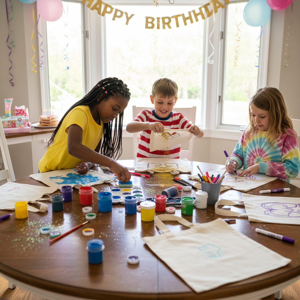 Enfants concentrés décorant des tote bags lors d'un atelier créatif d'anniversaire à domicile