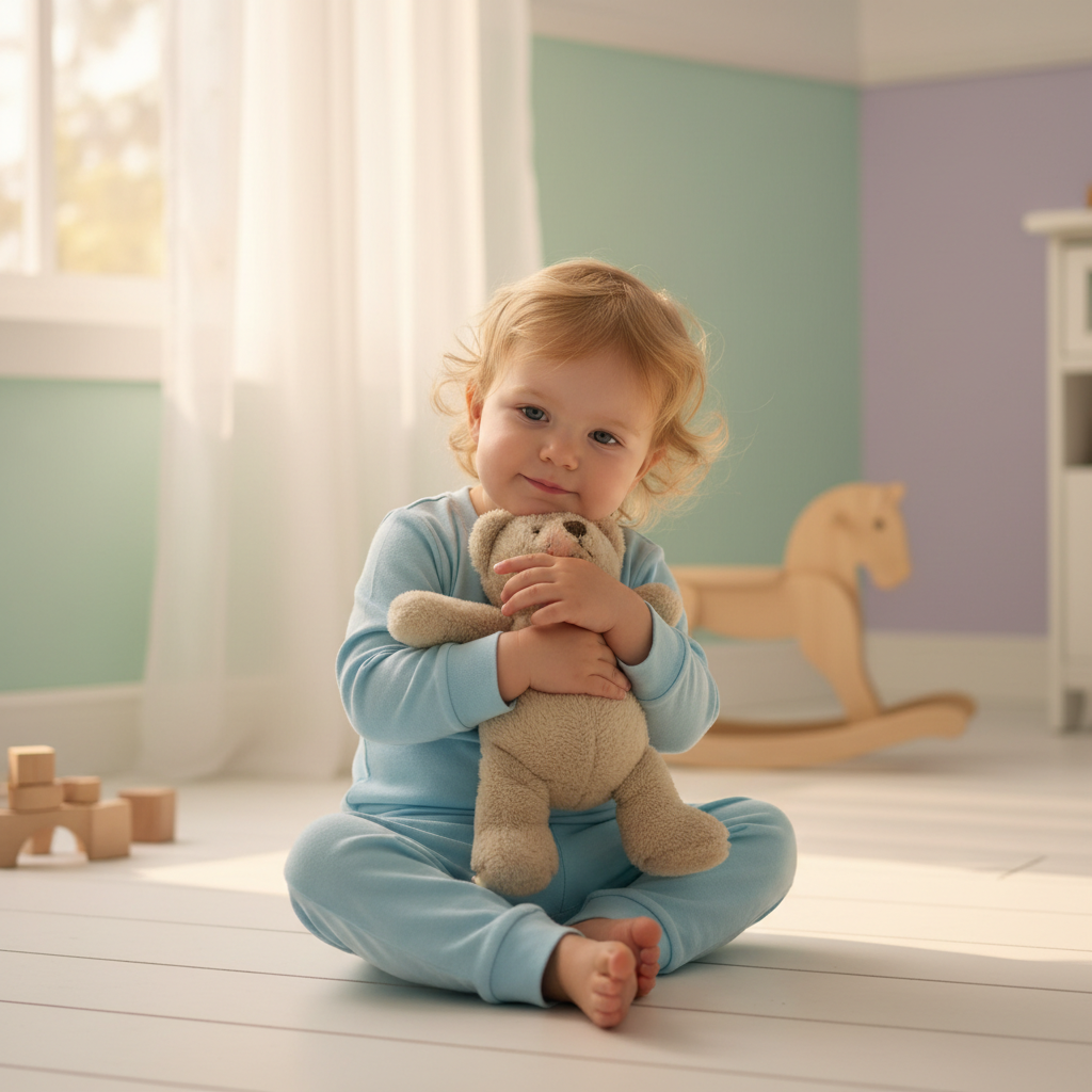 Tout-petit serrant son doudou pour surmonter l'angoisse de séparation et la peur de l'abandon