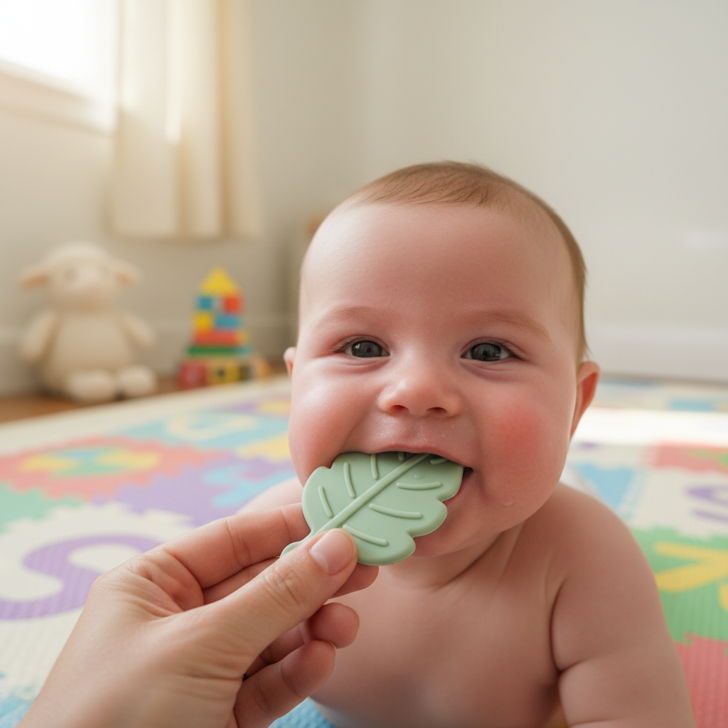 Bébé mordant un jouet de dentition en caoutchouc naturel pour soulager ses gencives douloureuses