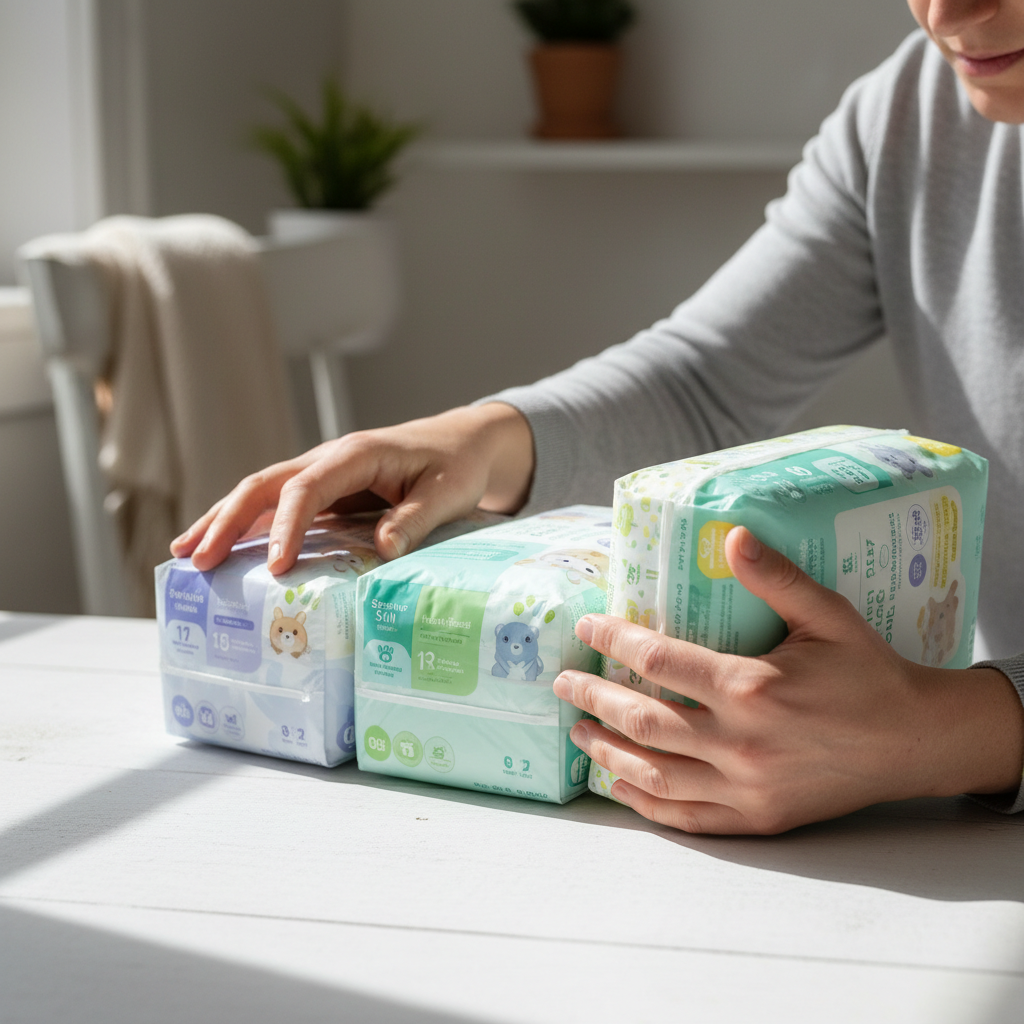 Parent comparant différentes couches pour bébé adaptées à la peau sensible