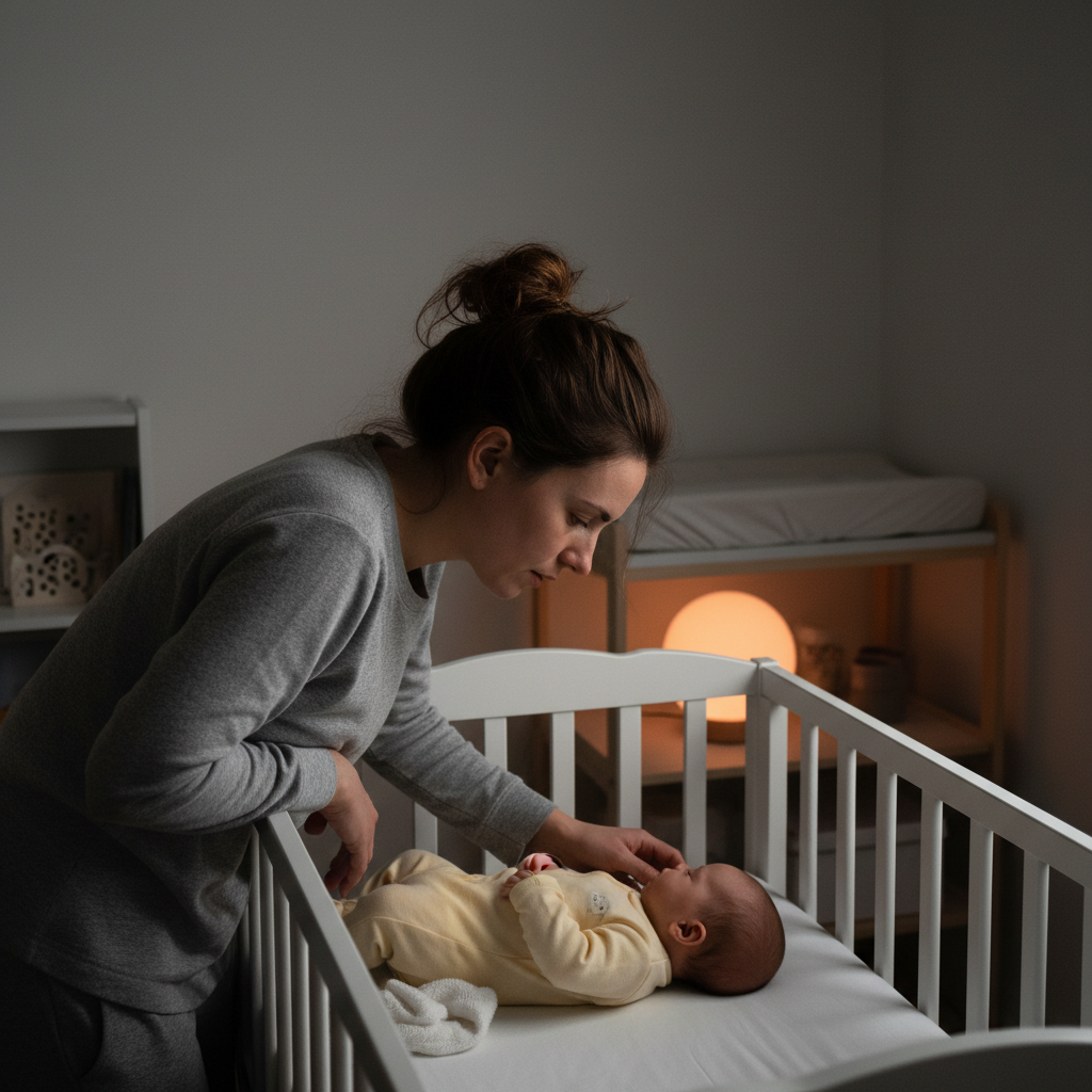 Maman inquiète vérifiant son bébé qui tousse dans son berceau la nuit