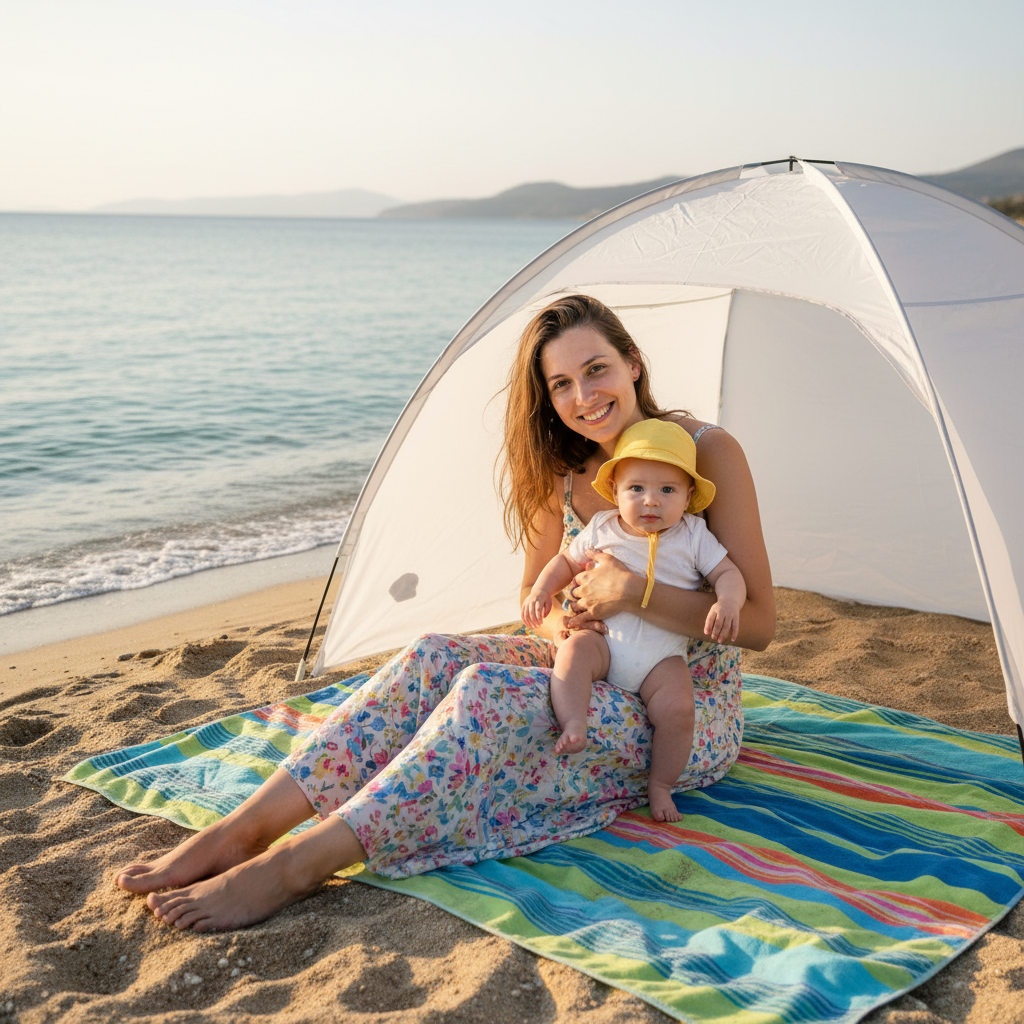 Mère et bébé sous une tente UV sur une plage calme et peu profonde en Grèce