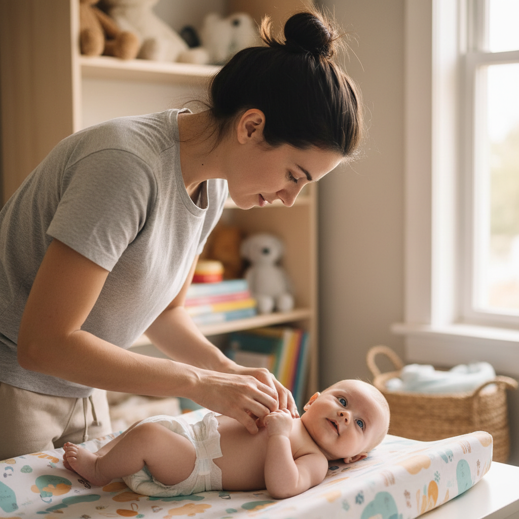 Maman changeant la couche de son bébé sur table à langer dans chambre lumineuse