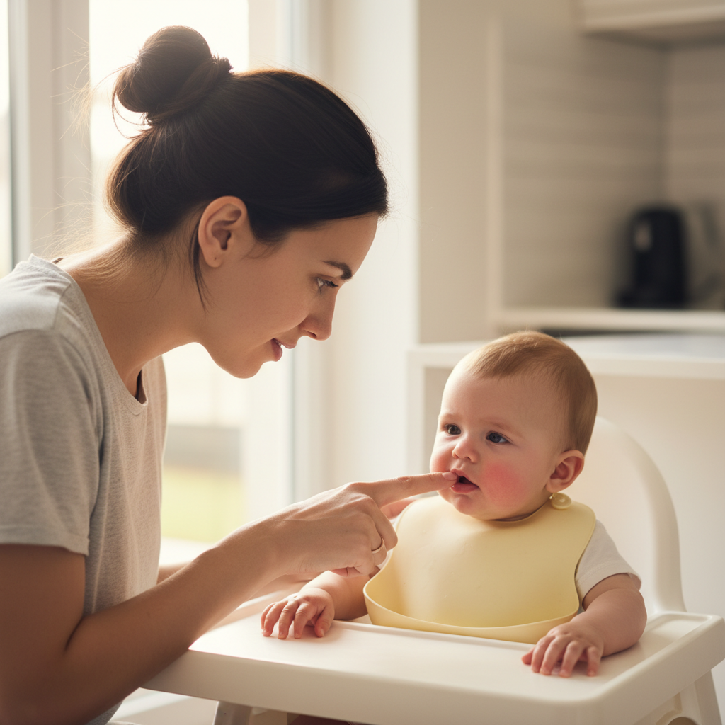 Maman appliquant un gel dentaire sur les gencives de son bébé lors d'une poussée dentaire