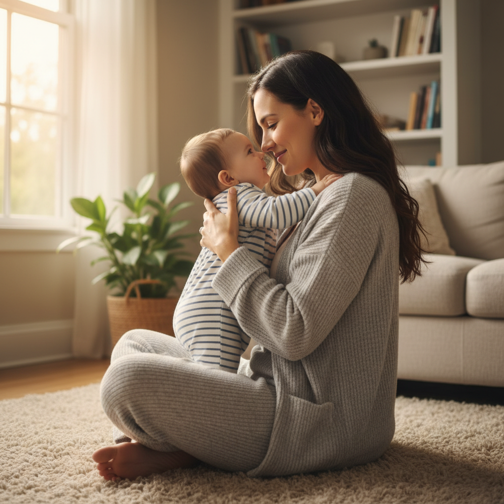 Maman tenant son bébé contre elle pour le rassurer de sa peur de l'abandon