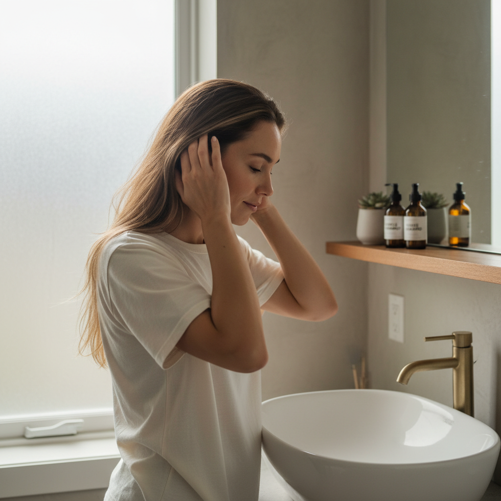Femme massant doucement son cuir chevelu pour stimuler la repousse après accouchement