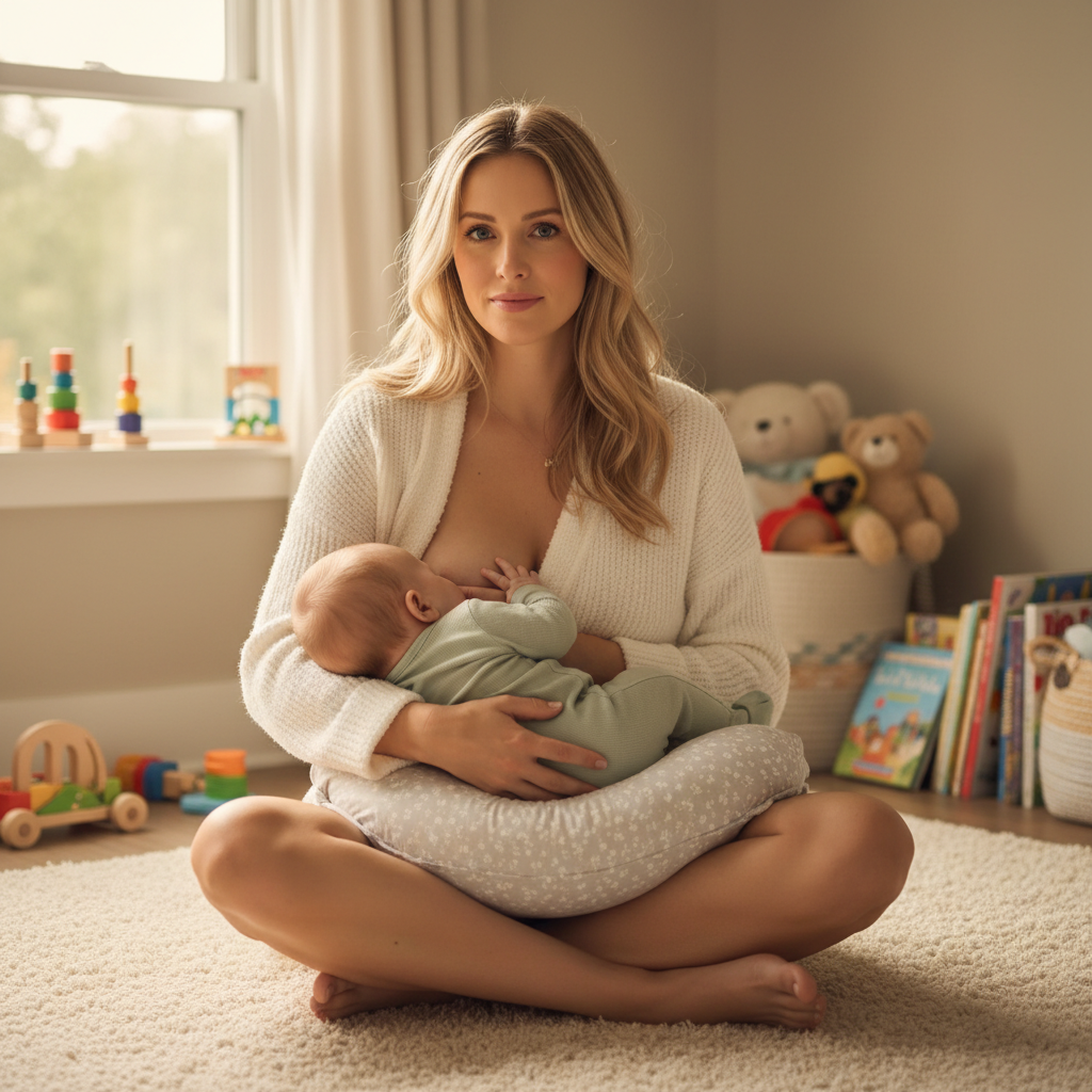 Mère confiante allaitant son bébé sereinement avec coussin d'allaitement