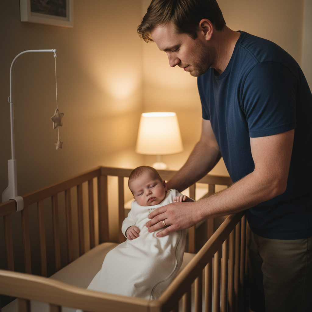 Papa déposant doucement son bébé somnolent dans le berceau pour le coucher