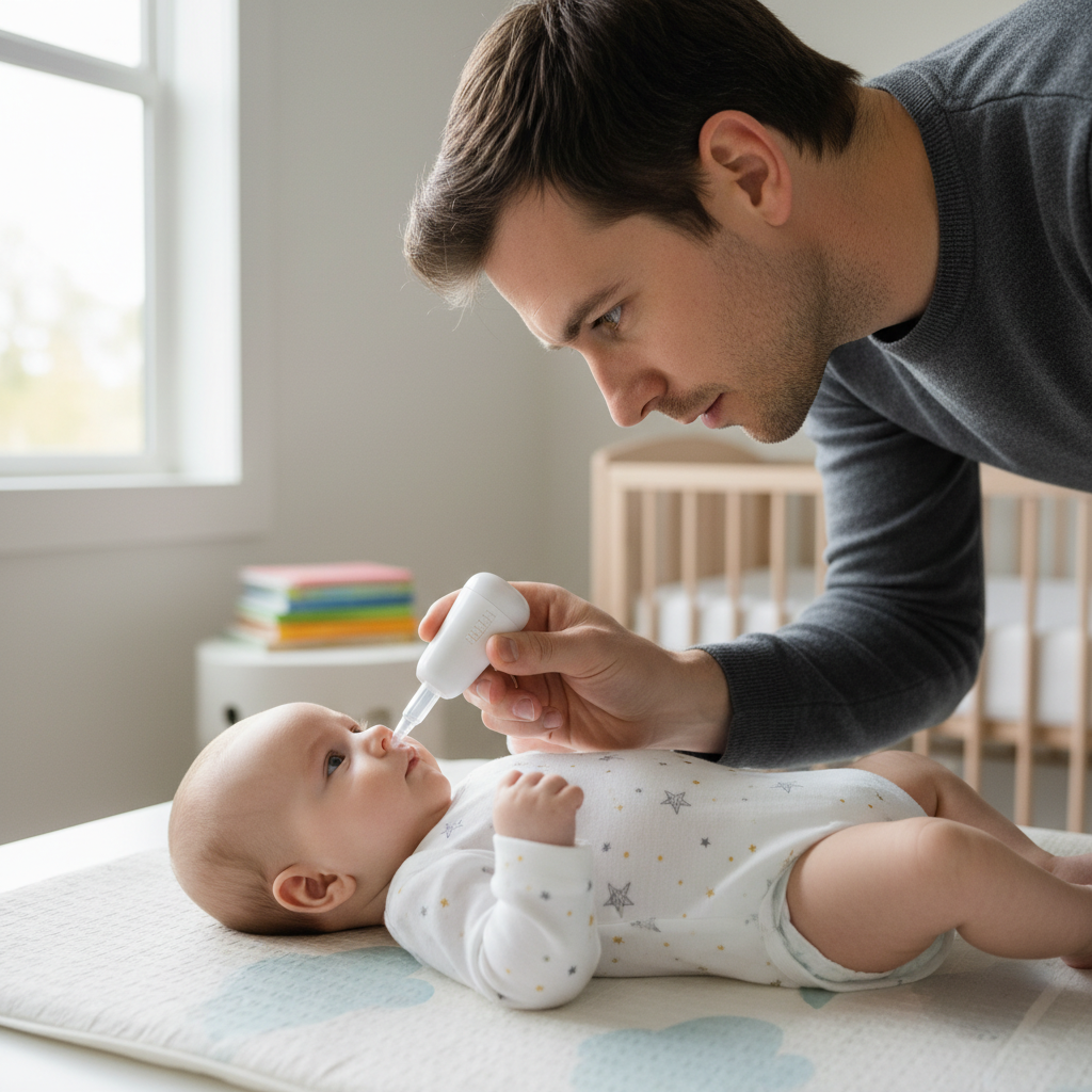 Parent utilisant un mouche-bébé pour dégager le nez bouché de son nourrisson