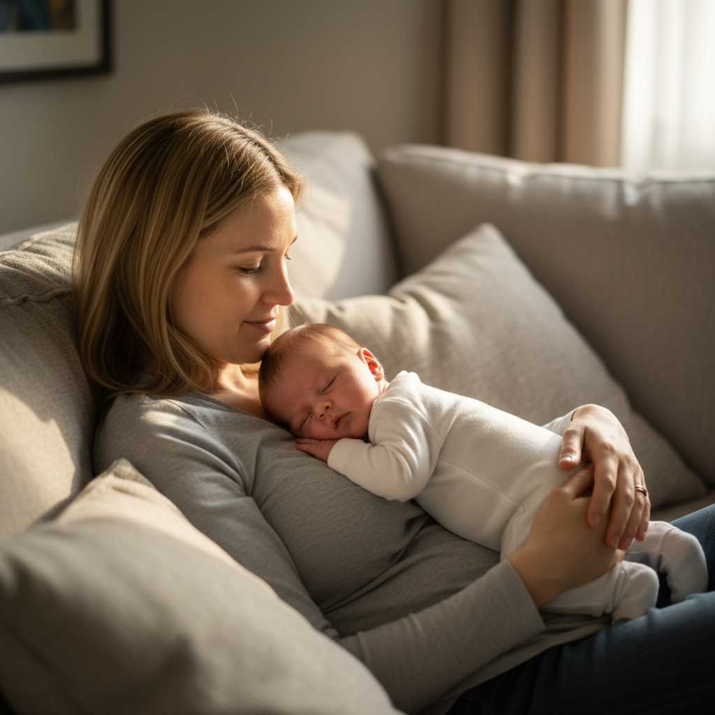 Mère en position biological nurturing avec bébé allongé sur sa poitrine