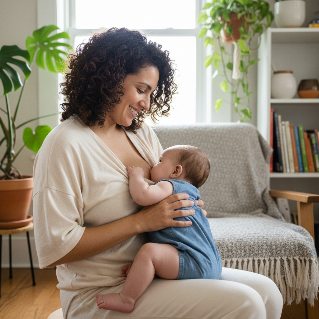 Bébé assis à califourchon sur la cuisse de sa mère pendant l'allaitement