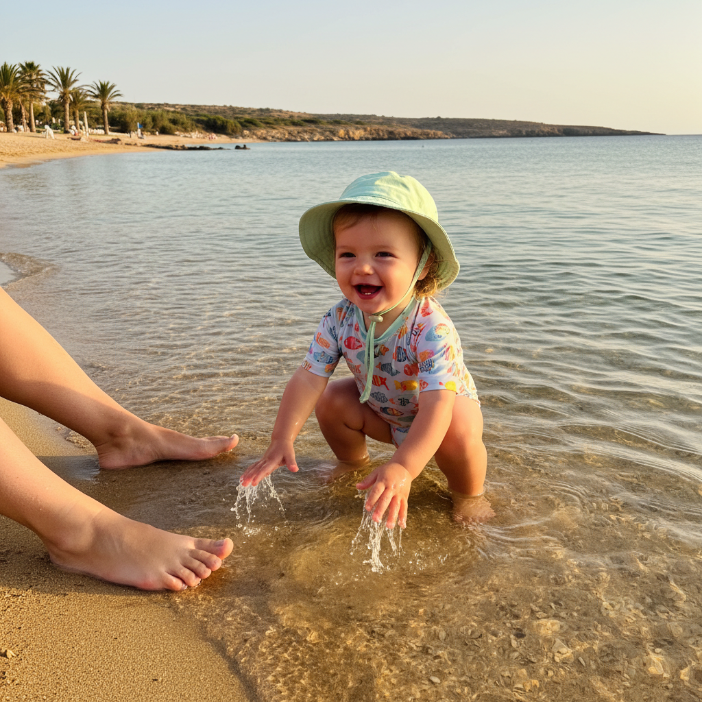 Tout-petit jouant dans l'eau peu profonde d'une plage calme de Crète avec ses parents