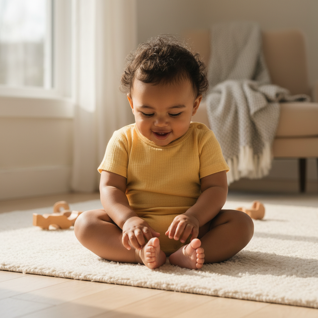 Bébé découvrant ses pieds nus assis sur un tapis lors du développement moteur