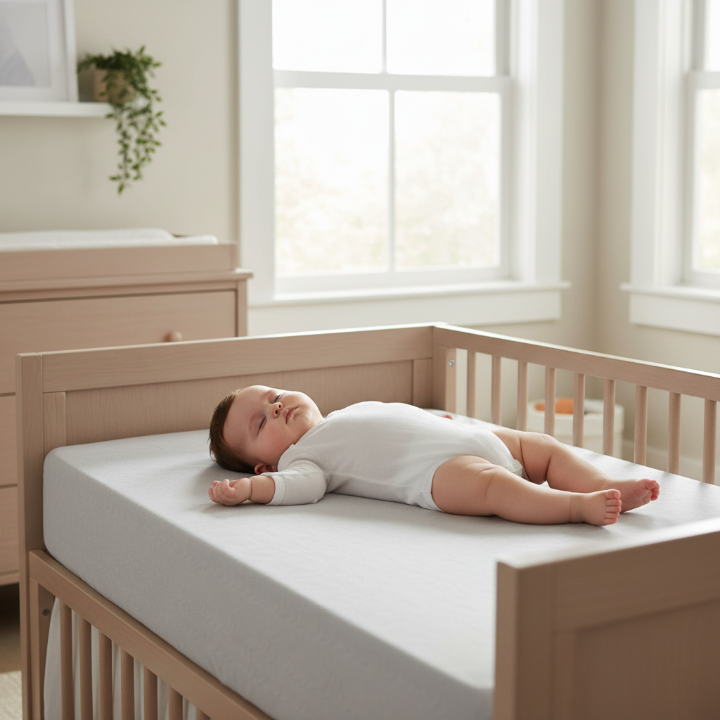 Bébé dormant paisiblement sur un matelas propre protégé par un protège-matelas imperméable