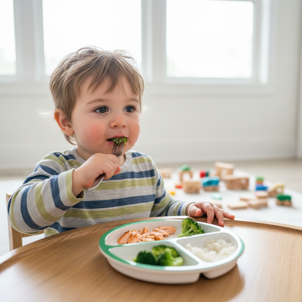 Petit garçon mangeant un repas équilibré avec poisson légumes et riz pour sa croissance