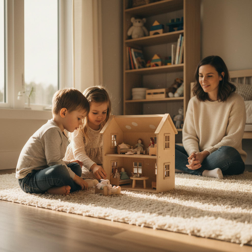 Deux enfants jouant ensemble avec une maison de poupées en bois dans leur coin jeu