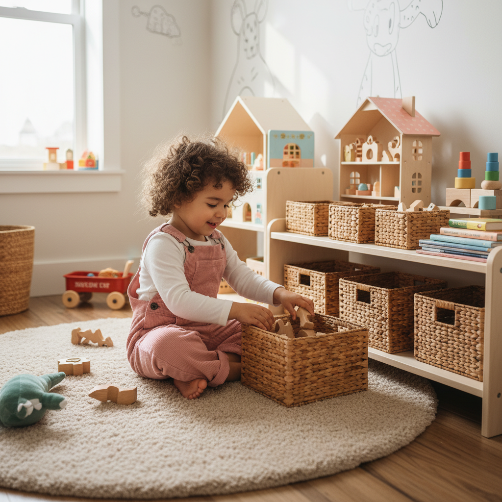 Petite fille rangeant ses jouets dans des paniers sur une étagère basse dans son coin jeu