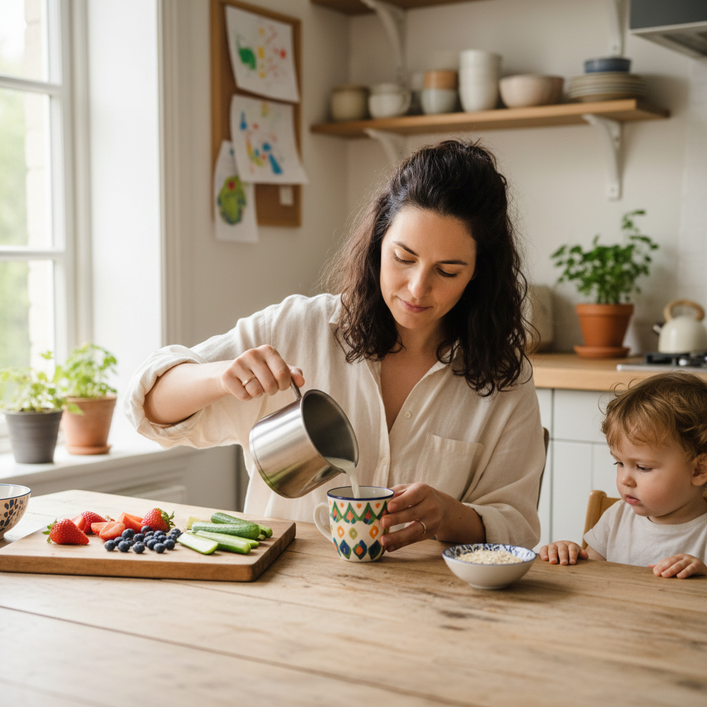 Maman préparant un repas nutritif avec du lait de croissance pour son enfant de deux ans