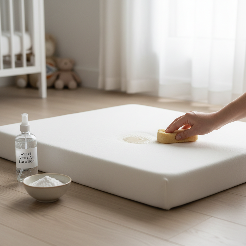 Gros plan sur le nettoyage naturel d'une tache de reflux sur matelas bébé