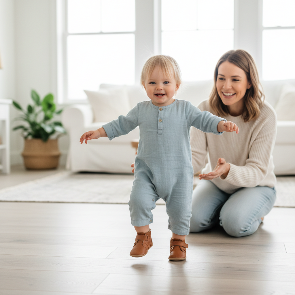 Tout-petit faisant ses premiers pas avec des chaussons souples aidé par sa maman