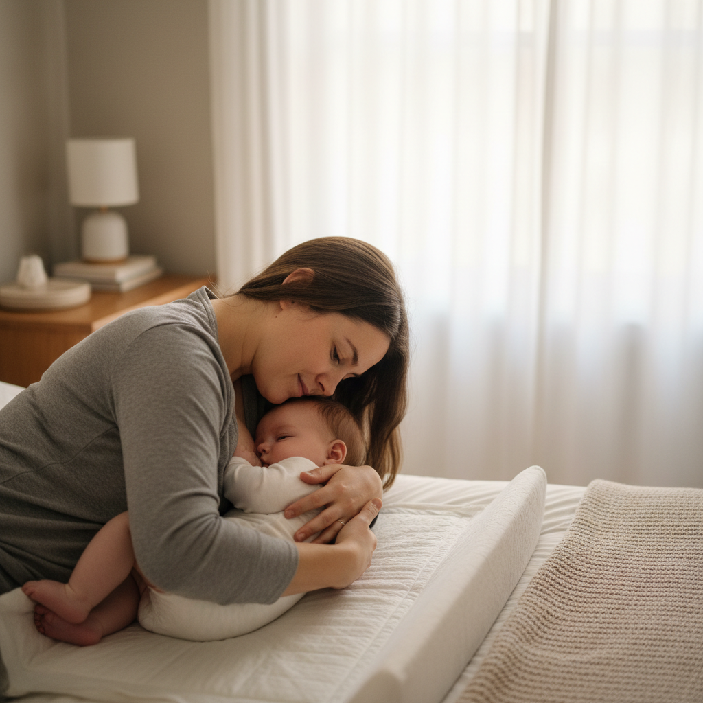Bébé de six mois allaité par sa maman dans une chambre lumineuse et apaisante