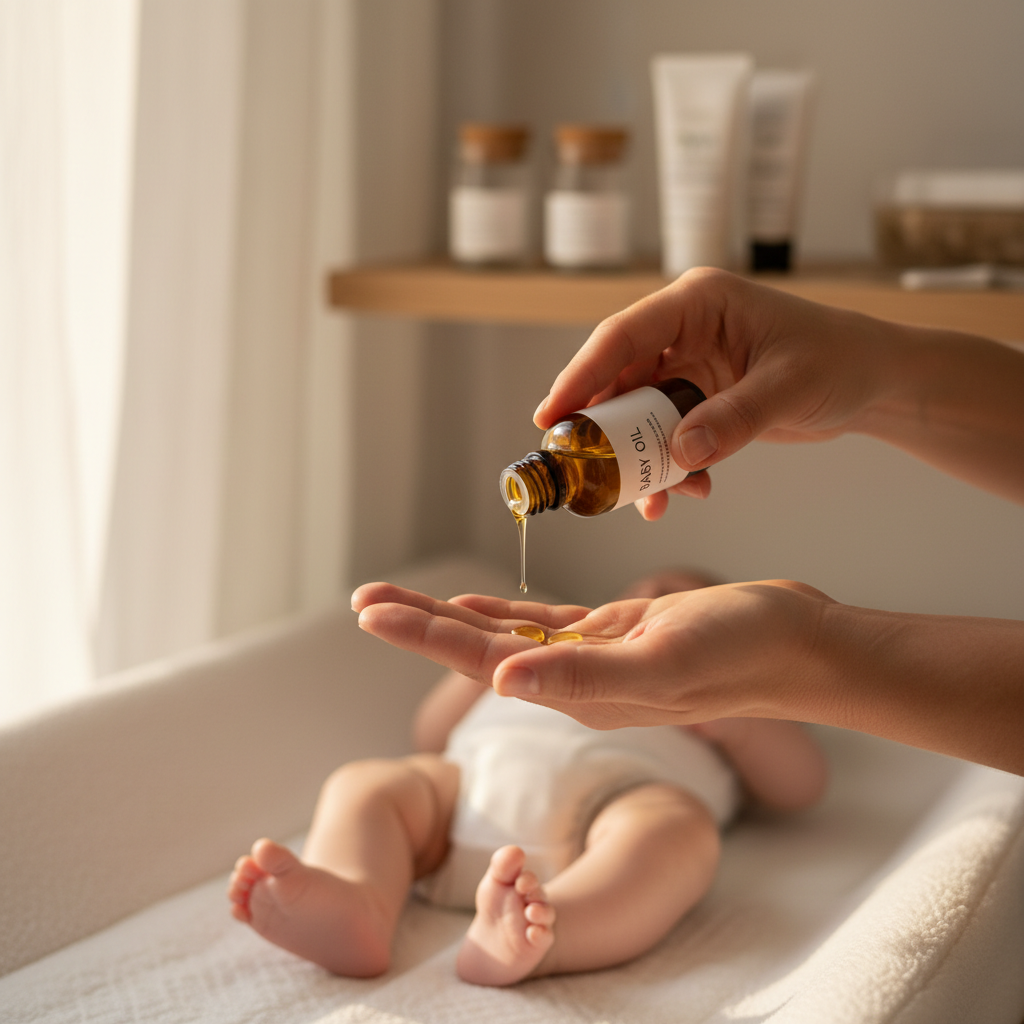 Parent versant quelques gouttes d'huile végétale dorée pour soin peau bébé