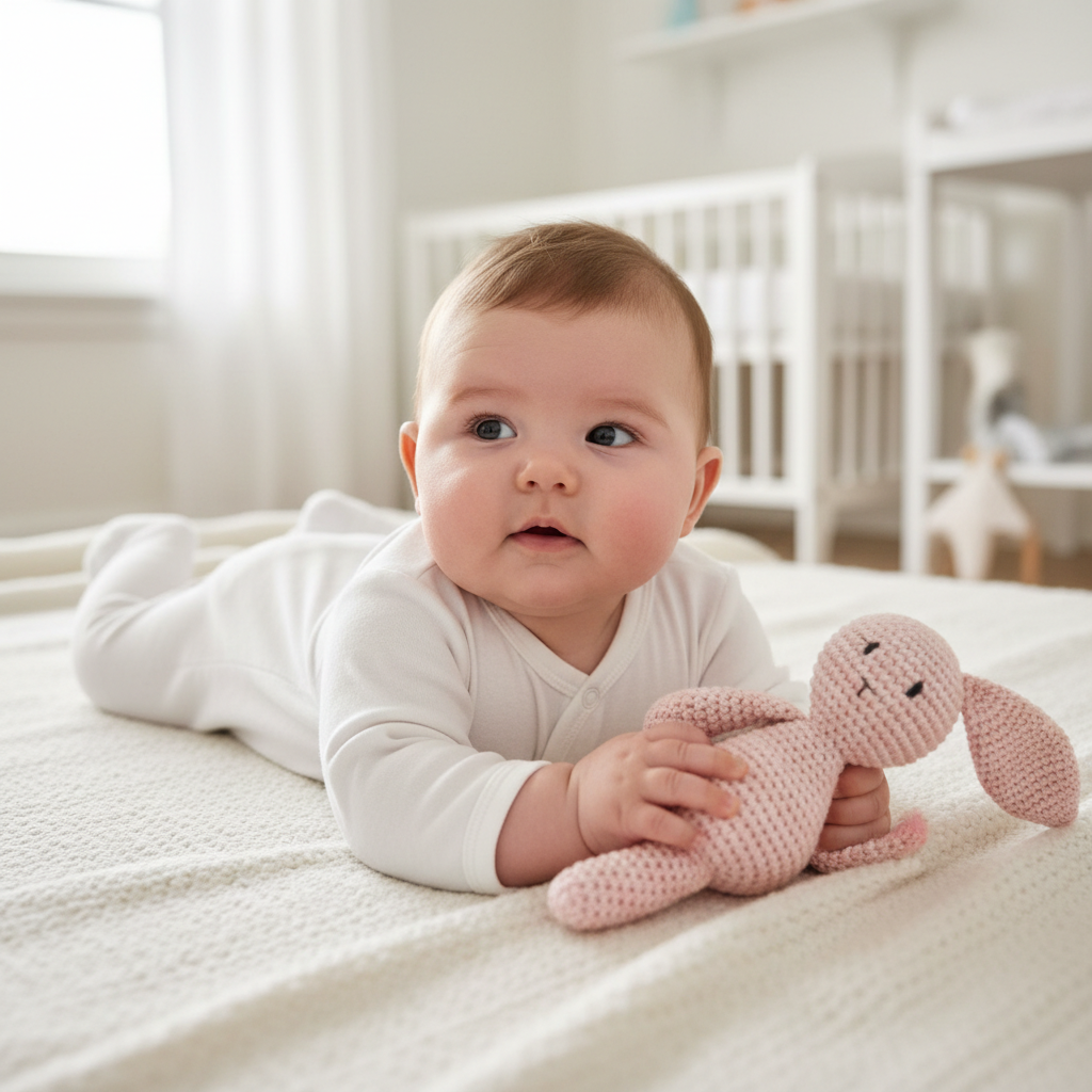 bebe tenant doudou crochet