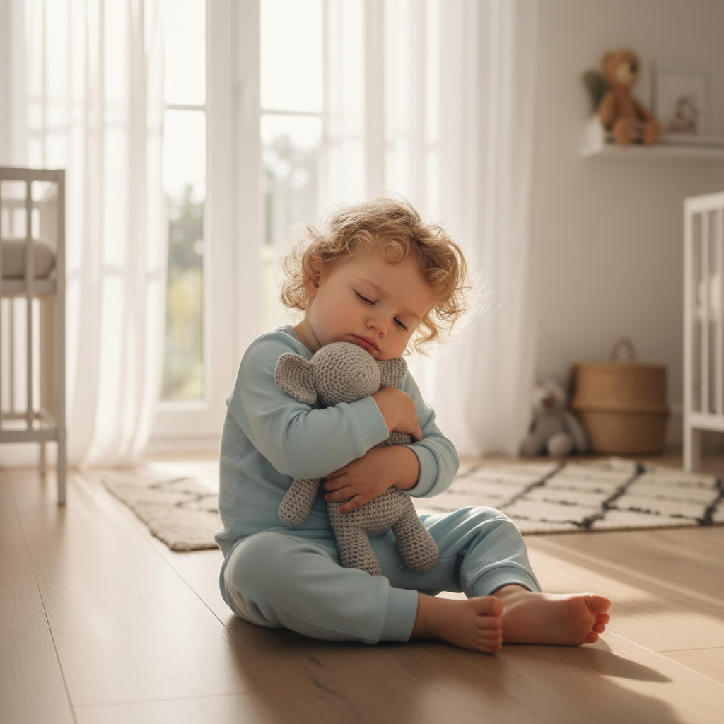Tout-petit en pyjama serrant son doudou éléphant au crochet contre sa poitrine